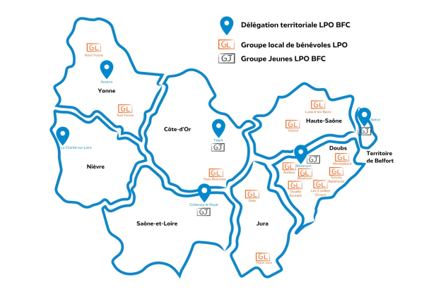 Carte des implantations de la LPO Bourgogne-Franche-Comté